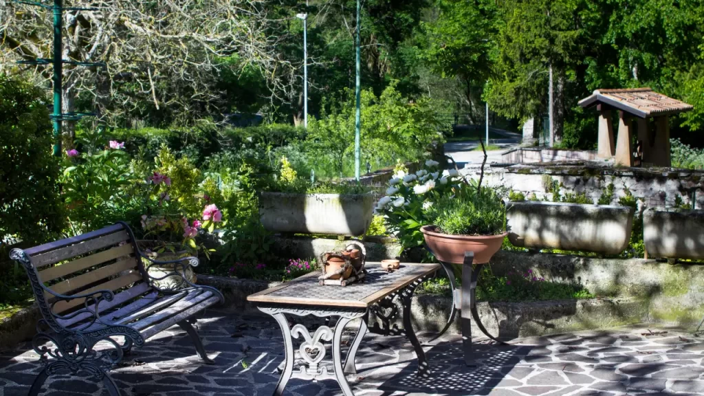 Caminho de pedras cercado por plantas verdes em jardim sensorial